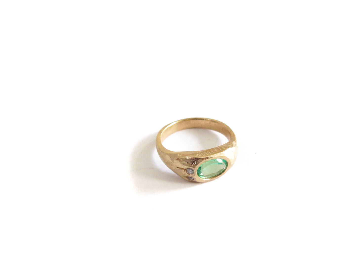 14K EMERALD + THREE DIAMOND RING