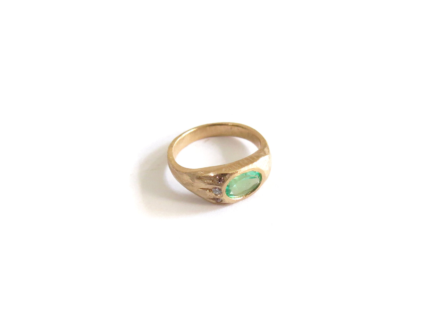 14K EMERALD + THREE DIAMOND RING