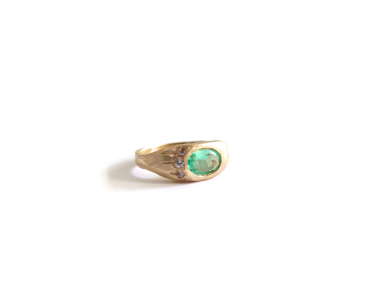 14K EMERALD + THREE DIAMOND RING