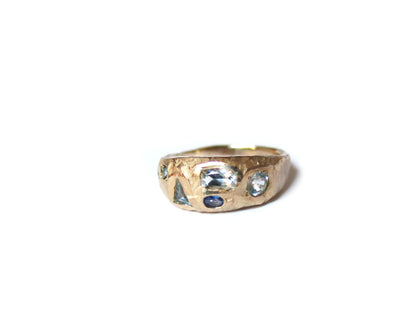 14K SAPPHIRES & AQUAMARINE & BLUE DIAMONDS RING