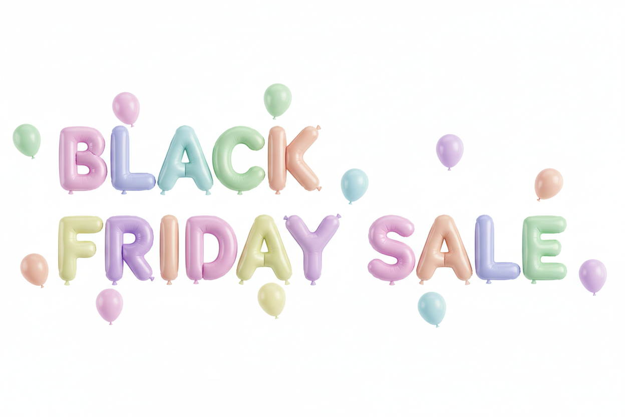 BLACK FRIDAY SALE WRITTEN IN PASTEL COLOUR BALLOONS 